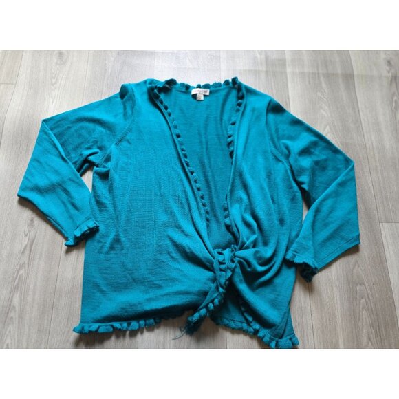 Coldwater Creek Womens Ruffled 2X Cardigan Sweater Turquoise Wool Blend - Picture 2 of 8